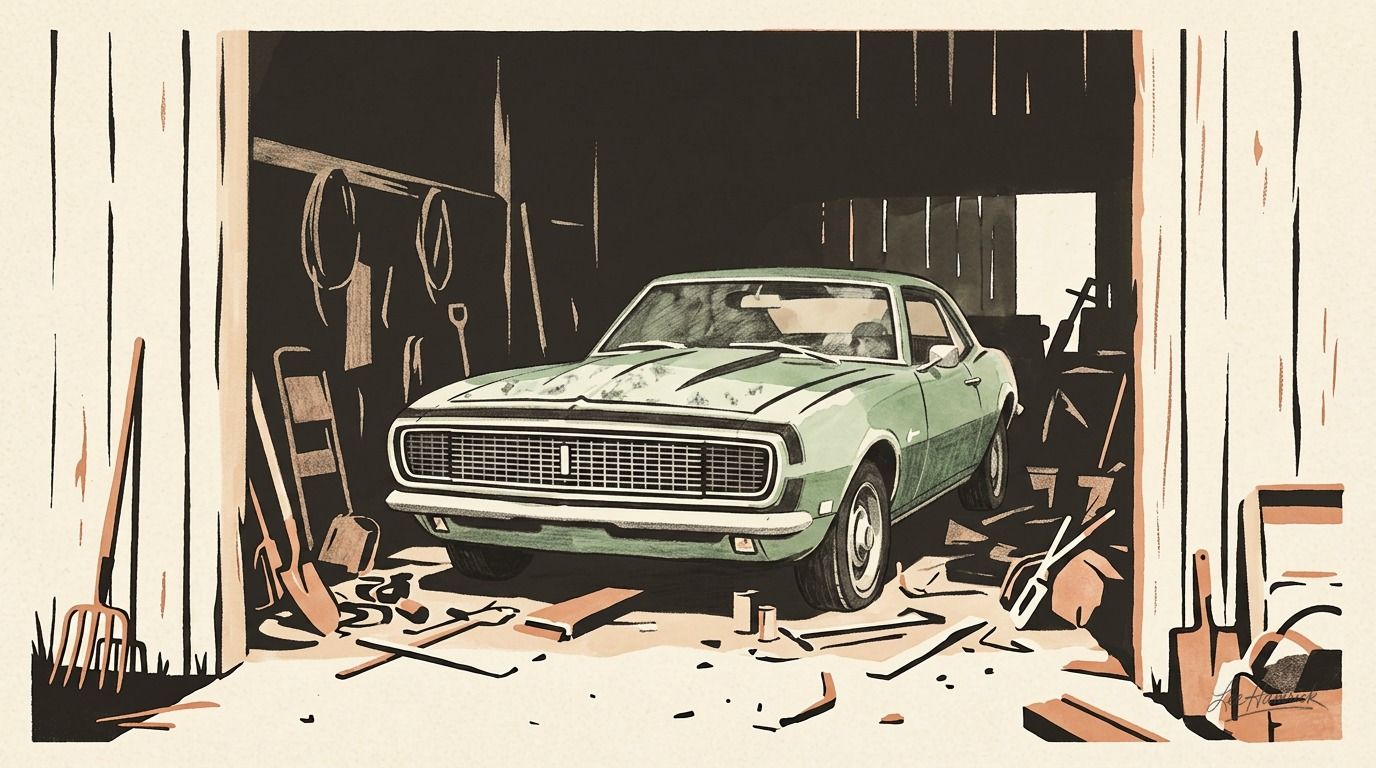 A first-generation Chevrolet Camaro barn find, circa 1967-1969, partially obscured under decades of dust inside a weathered wooden barn structure.