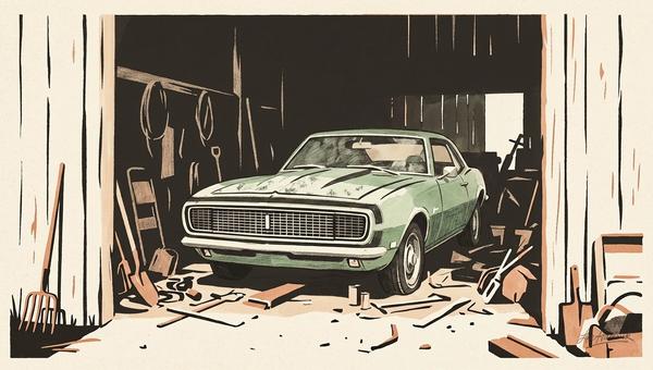 A first-generation Chevrolet Camaro barn find, circa 1967-1969, partially obscured under decades of dust inside a weathered wooden barn structure.