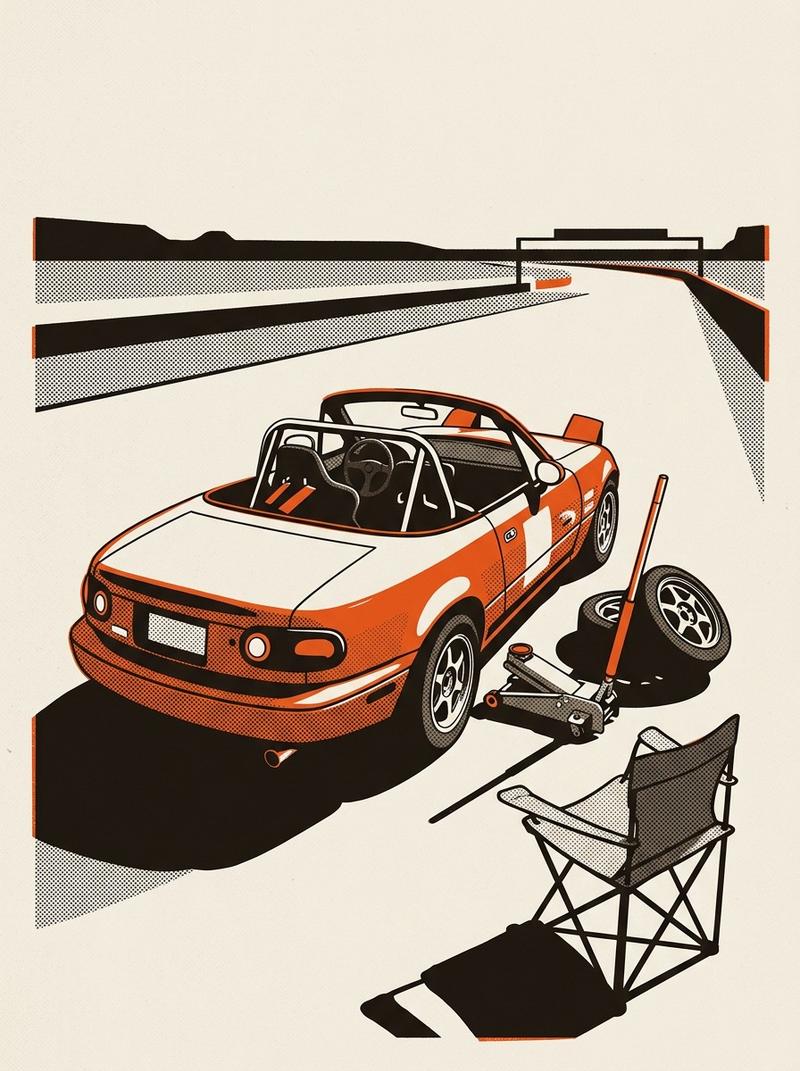 A budget track car project Miata in a paddock setting.