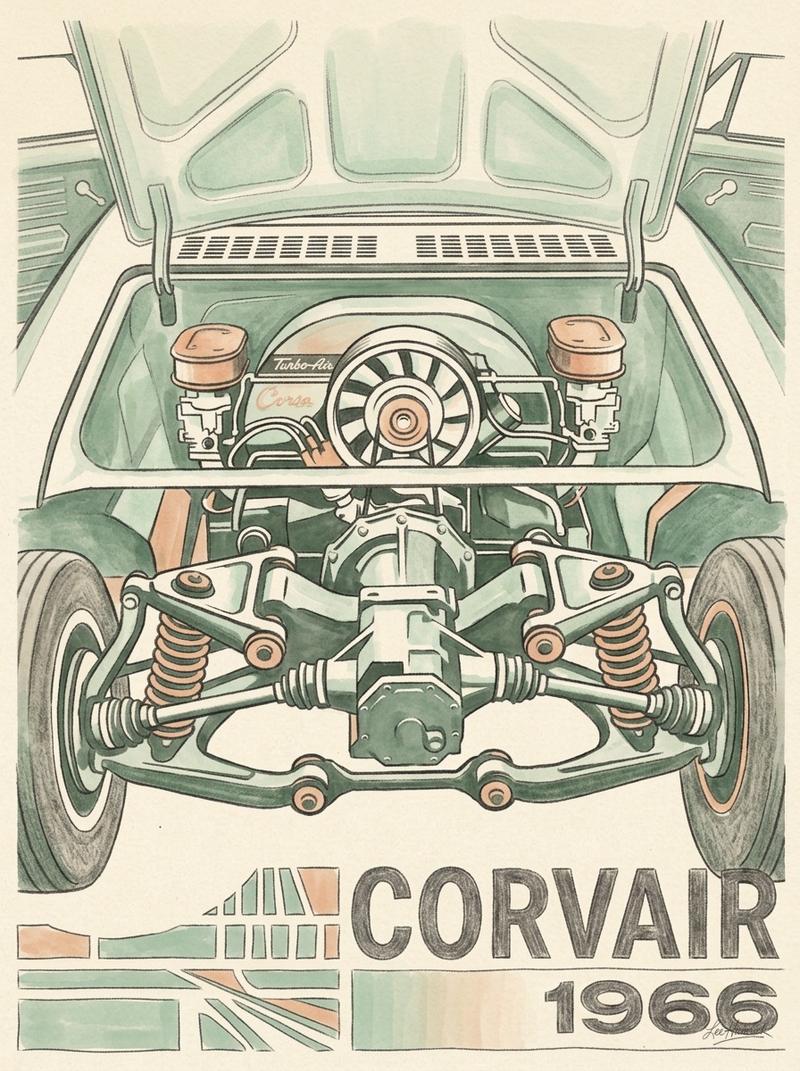 1966 Chevy Corvair second-generation rear suspension and engine bay.
