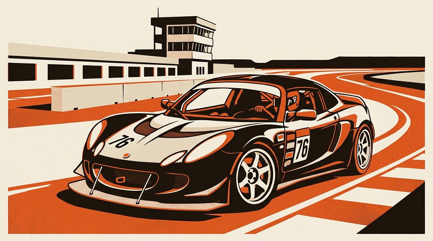 A budget supercar track build, low-slung modified sports car on a road course circuit.