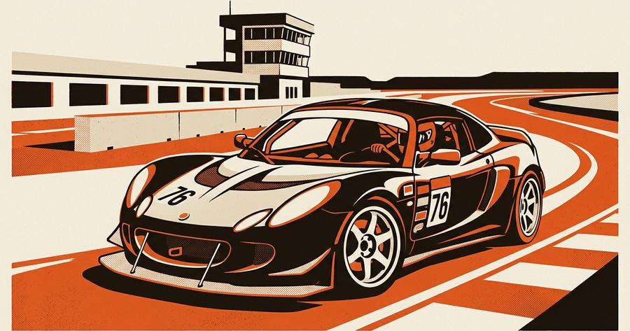 A budget supercar track build, low-slung modified sports car on a road course circuit.