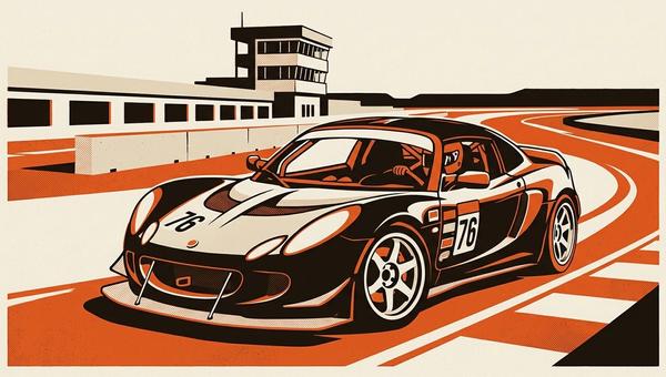 A budget supercar track build, low-slung modified sports car on a road course circuit.