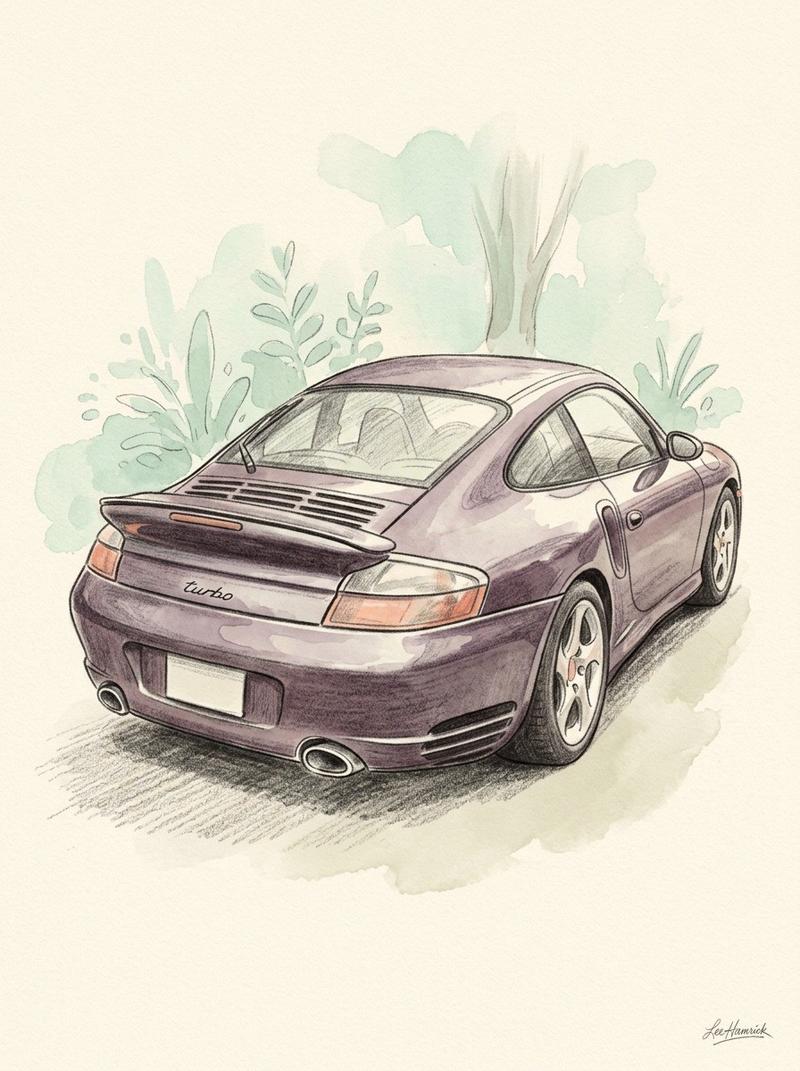 Close-up of the rear three-quarter panel and wide bodywork of a 996-generation Porsche 911 Turbo in Viola Metallic dark purple, the flared rear fender
