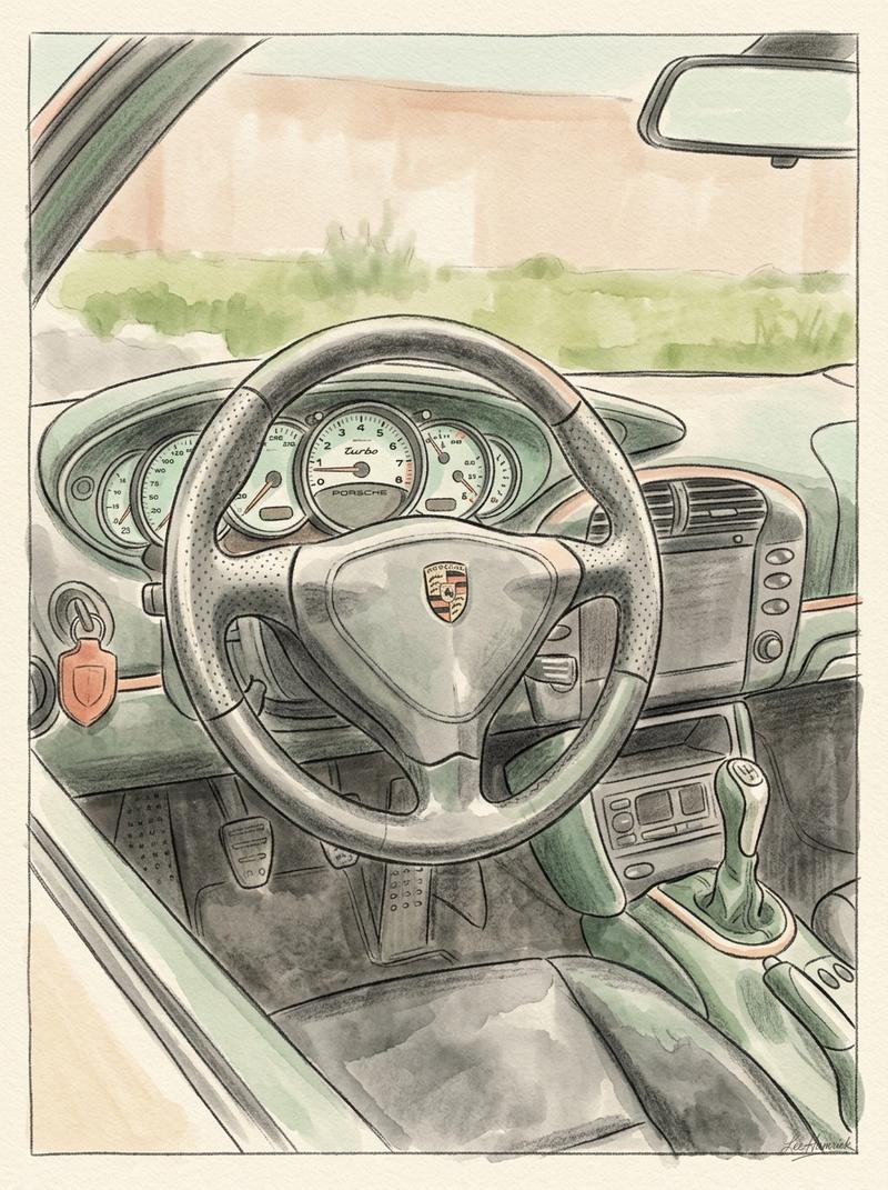 Interior view of a 996-generation Porsche 911 Turbo cockpit from the driver's seat looking forward, showing the dashboard, the analog instrument clust