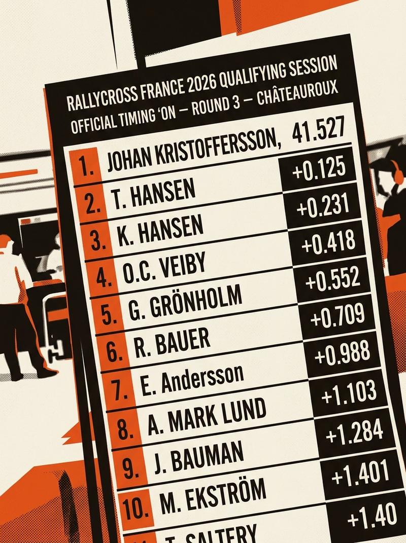 Rallycross France 2026 qualifying timing screen, Round 3 Châteauroux.