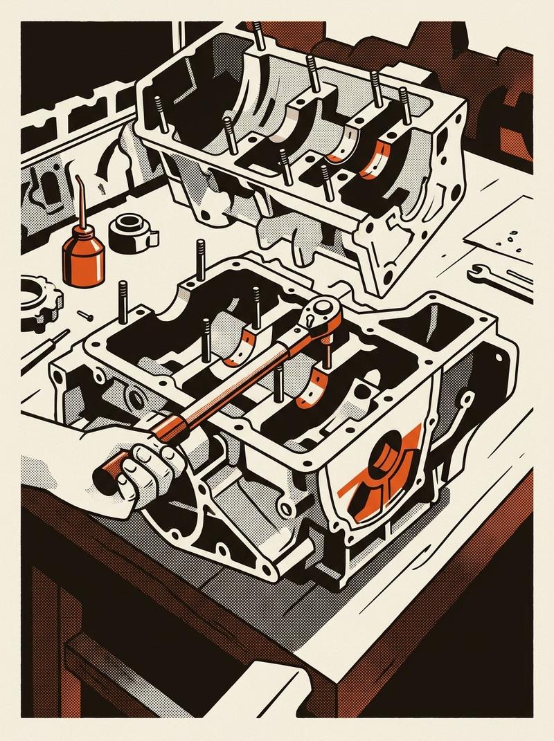 Porsche flat-six engine case halves being assembled on a workbench at LN Engineering.