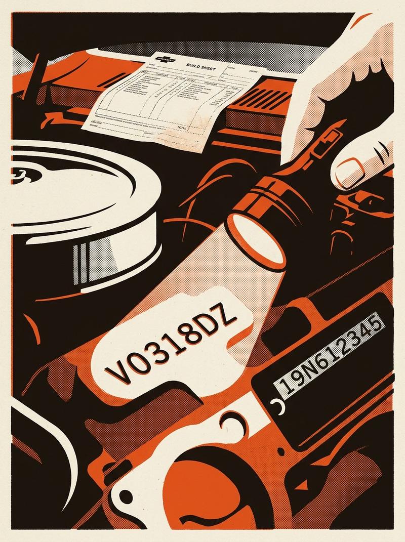A partial VIN plate and engine-block stamp from a 1969 Chevrolet Camaro Z/28, shown in close detail as documentation evidence during a barn find inspe