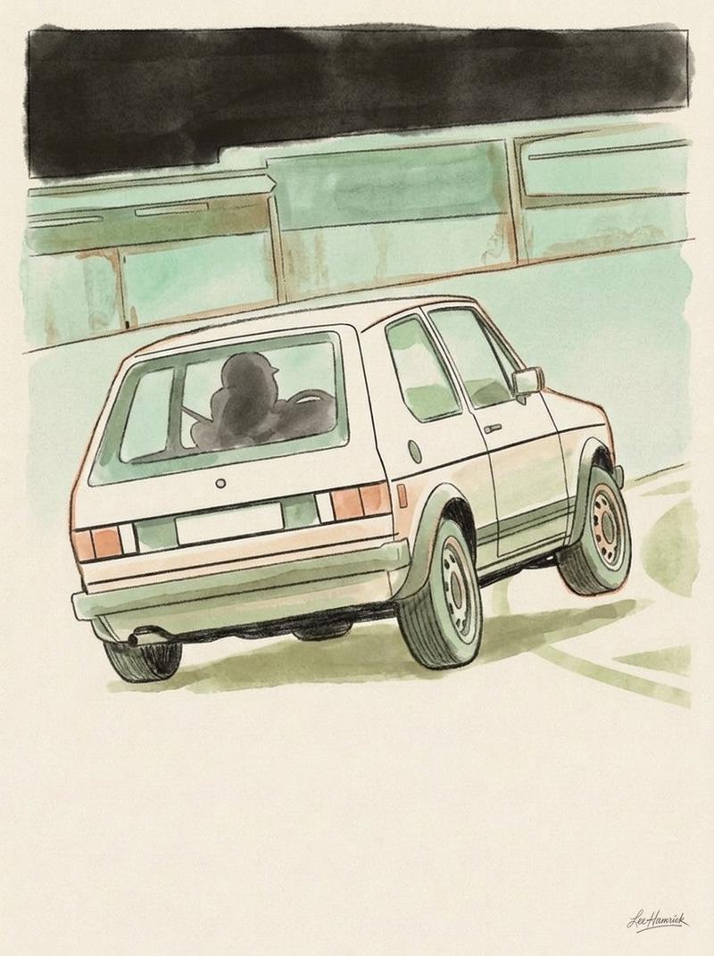 A small economy hatchback mid-corner on a club circuit, inside front wheel light under cornering load