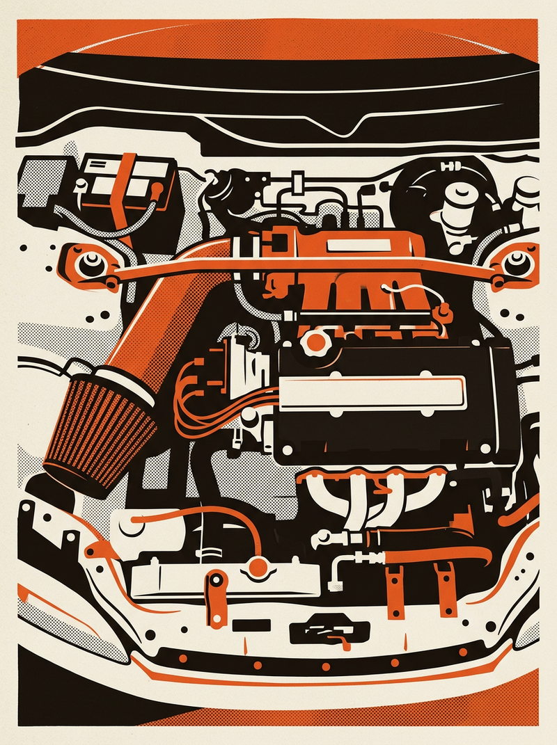 A modified performance car's engine bay and suspension components, representing a budget track build.