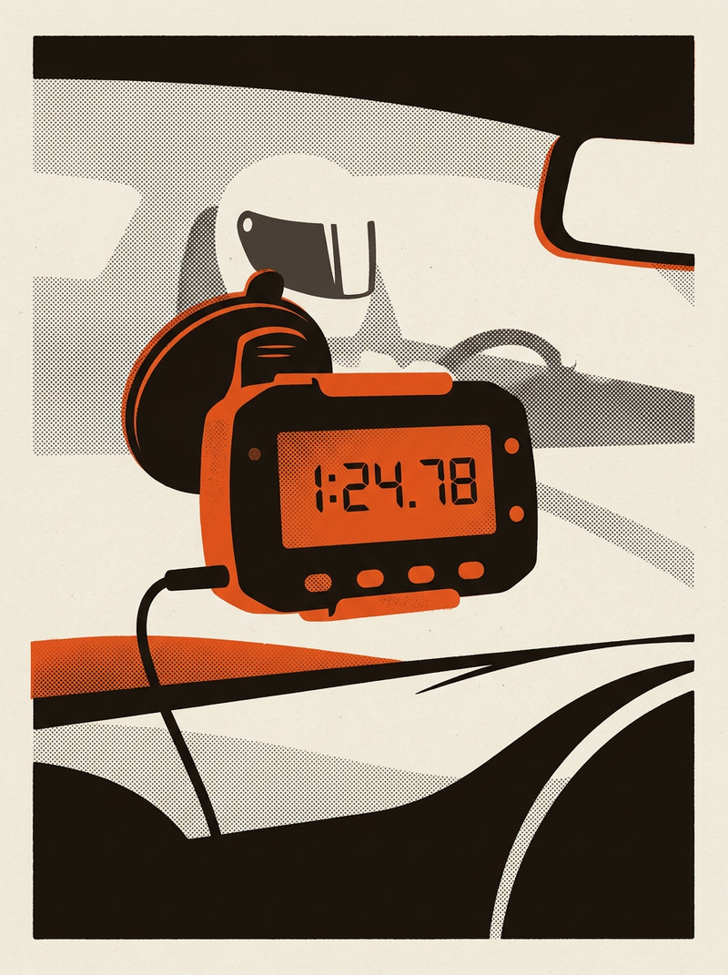 A digital lap timer mounted to a track car's windshield showing a split-second time, representing the moment of truth after a timed session.