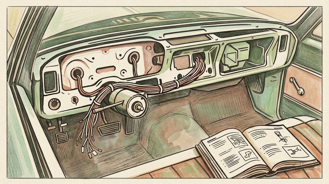 Overhead close-up looking straight down into the gutted dashboard cavity of the 1969 Oldsmobile Cutlass with the dash removed, showing the bare firewa