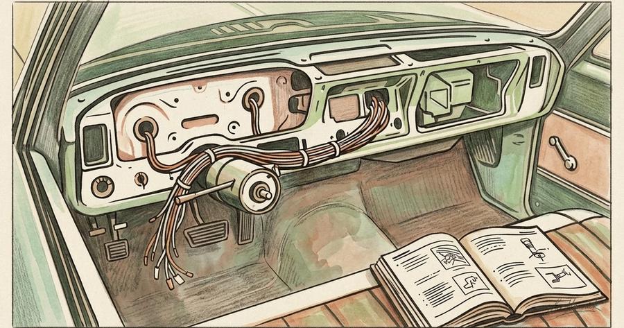 Overhead close-up looking straight down into the gutted dashboard cavity of the 1969 Oldsmobile Cutlass with the dash removed, showing the bare firewa