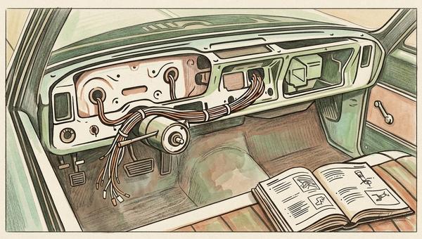 Overhead close-up looking straight down into the gutted dashboard cavity of the 1969 Oldsmobile Cutlass with the dash removed, showing the bare firewa