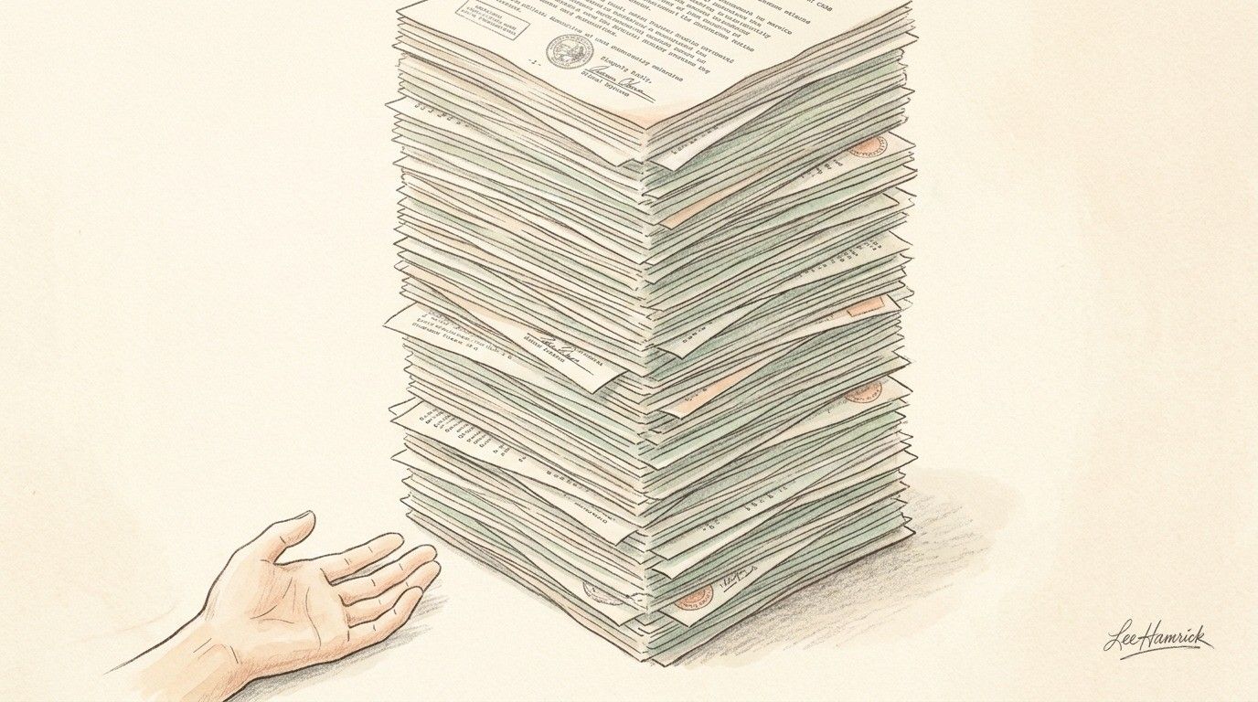 A towering physical stack of paper documents representing CARB Executive Orders, rendered as a single column of aged, typewritten government pages ris