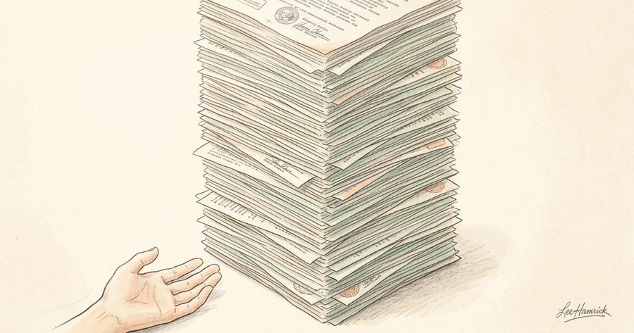 A towering physical stack of paper documents representing CARB Executive Orders, rendered as a single column of aged, typewritten government pages ris