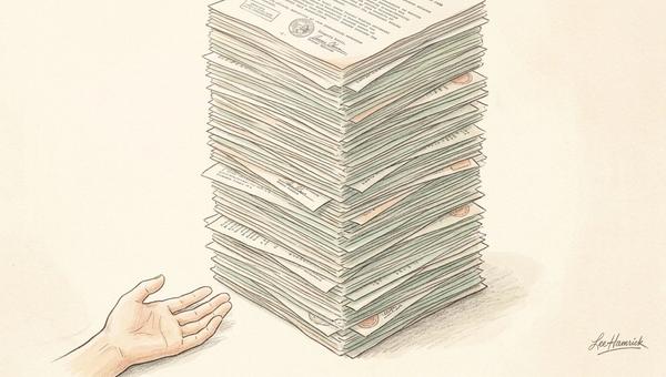 A towering physical stack of paper documents representing CARB Executive Orders, rendered as a single column of aged, typewritten government pages ris