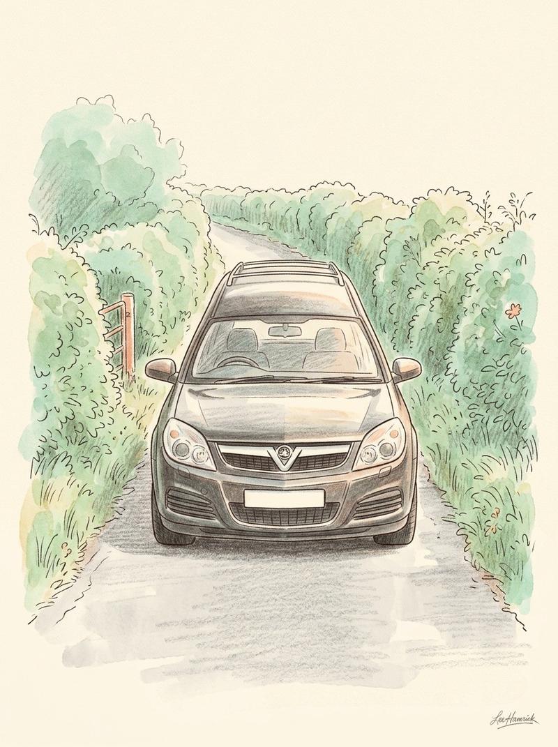 A Vauxhall hearse on a narrow Northern Irish country lane, seen from the front at road level.