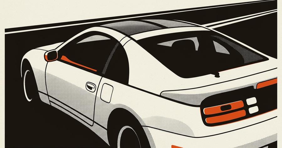 Three-quarter rear view of the 1990 Nissan 300ZX Twin-Turbo in Super White, with the T-top panels visible and the Z32 body's curved rear haunches cent