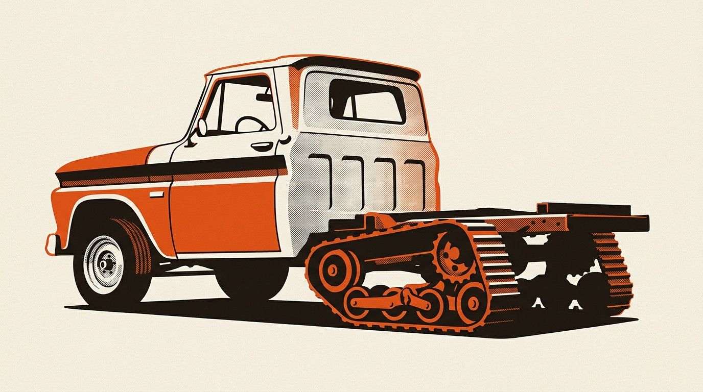 Barn-find vintage pickup half-track build, mid-restoration with rear track system installed and front wheels still fitted.