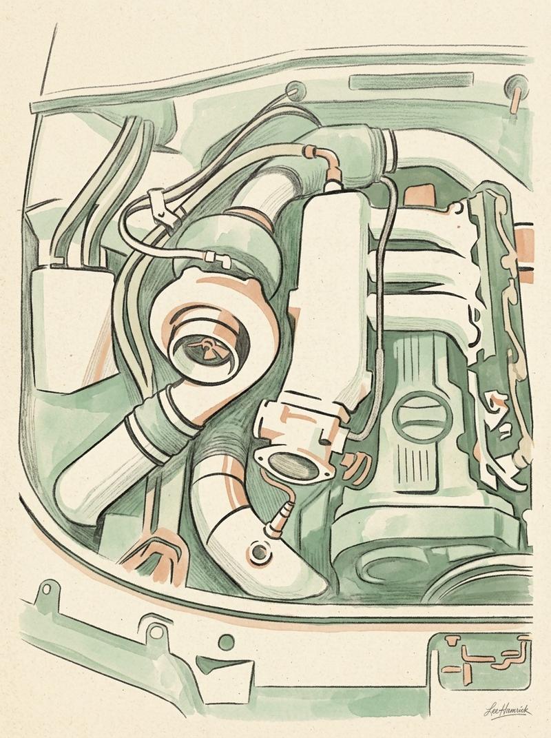 The junk Audi sleeper build engine bay mid-conversion, showing the turbo inlet plumbing, intercooler piping, and wideband oxygen sensor bung in the do