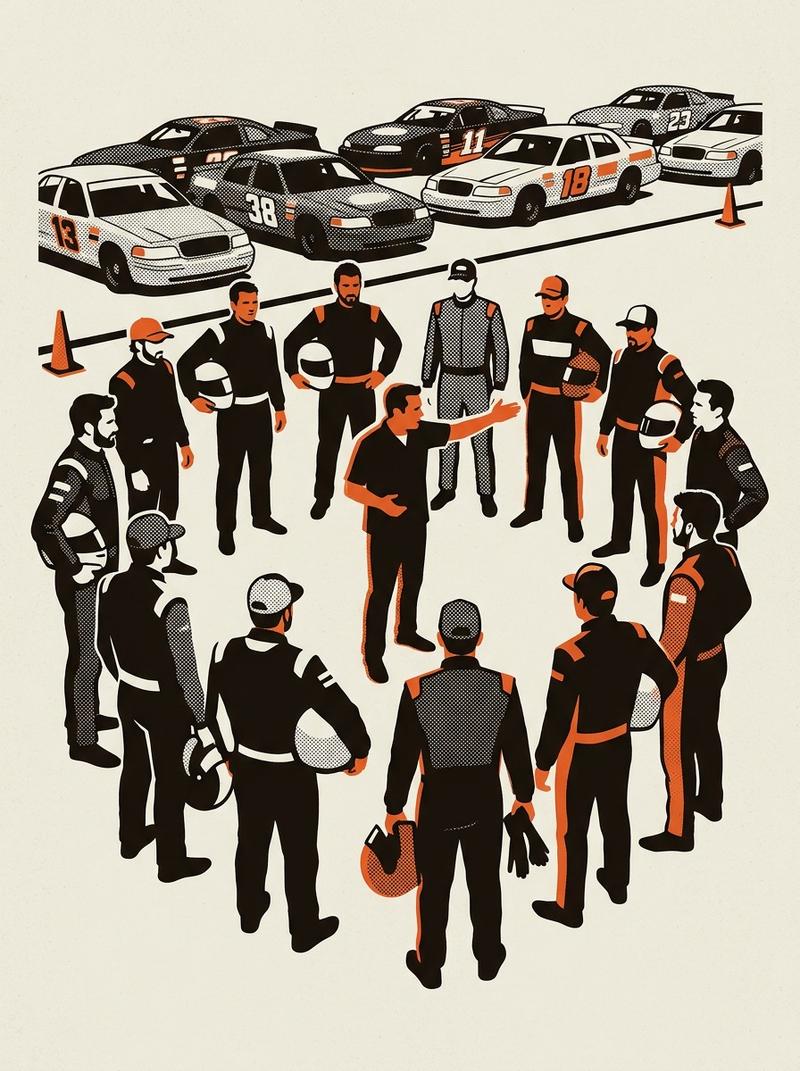 The Cleetus McFarland Freedom race driver's meeting at Stafford Motor Speedway, showing a crowd of drivers gathered around a promoter gesturing toward