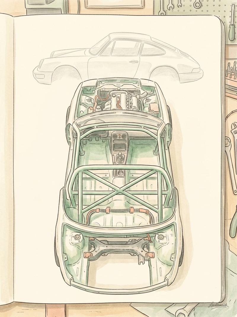 Miata donor chassis with roll cage installed.