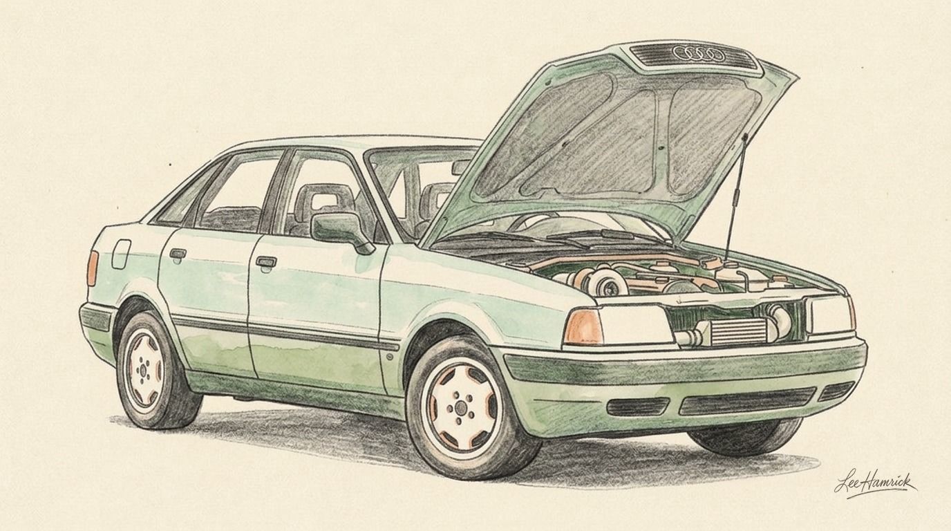 The junk Audi sleeper build, a worn four-door Audi sedan with stock exterior panels showing age, hiding a turbocharged engine under the hood.