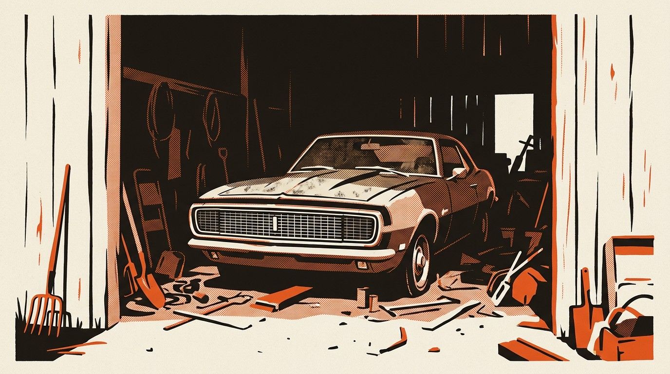 A first-generation Chevrolet Camaro barn find, circa 1967-1969, partially obscured under decades of dust inside a weathered wooden barn structure.