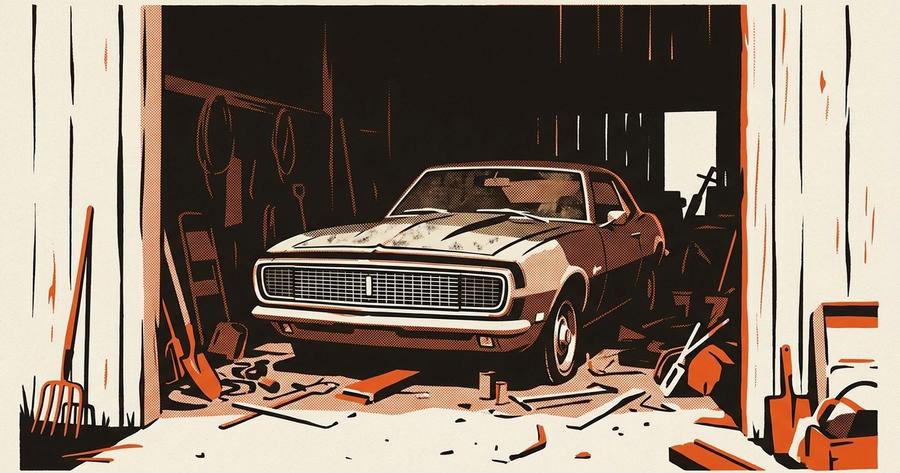 A first-generation Chevrolet Camaro barn find, circa 1967-1969, partially obscured under decades of dust inside a weathered wooden barn structure.