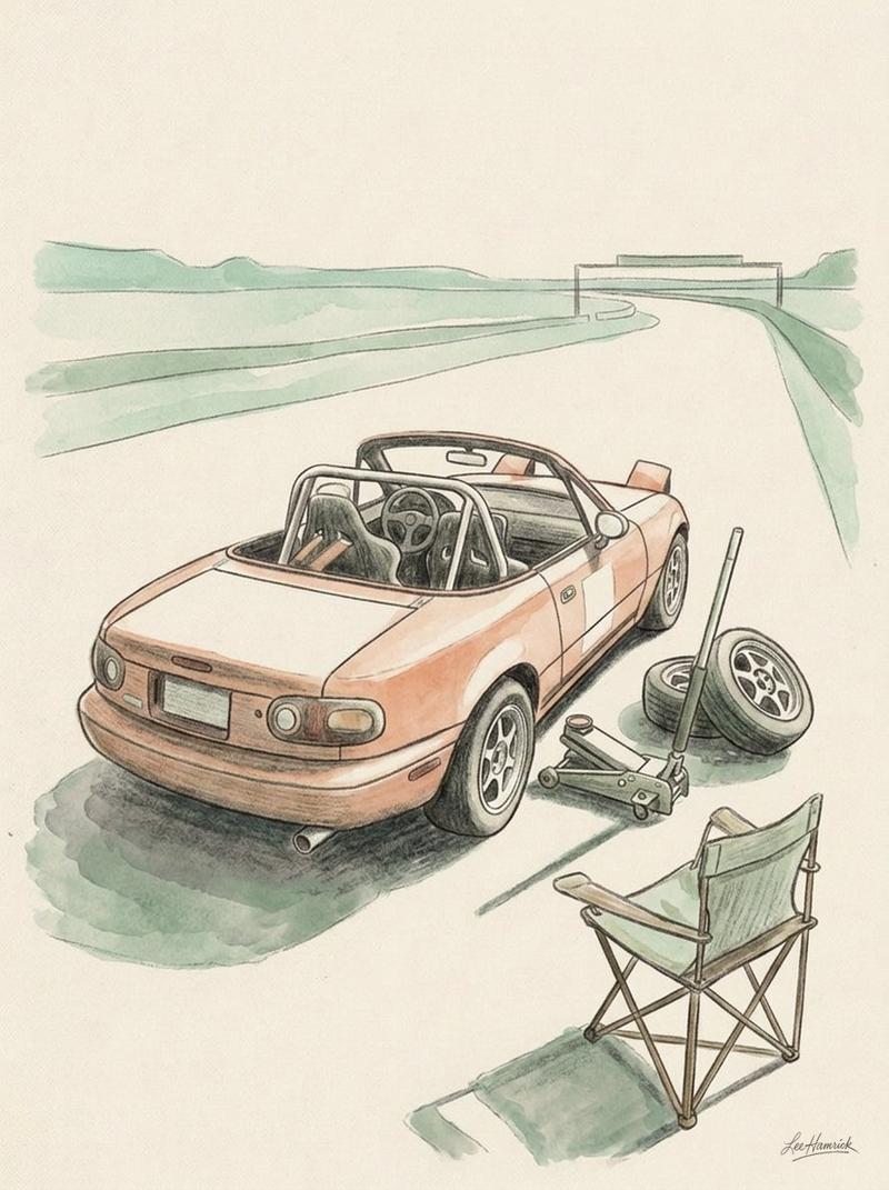 A budget track car project Miata in a paddock setting.
