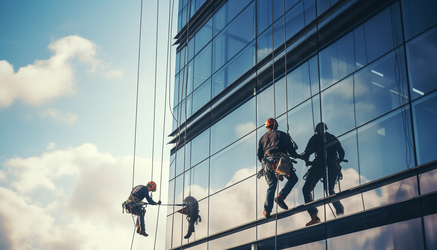 To ansatte fra Eir gjennomfører fasadevask. De henger i seler fra et høyt vindusbygg