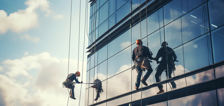 To ansatte fra Eir gjennomfører fasadevask. De henger i seler fra et høyt vindusbygg