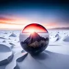 A mountain inside of a snowglobe witha sunset in the background