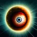 An evil looking bloodshot eye over a glowing orange sphere and a dark green background