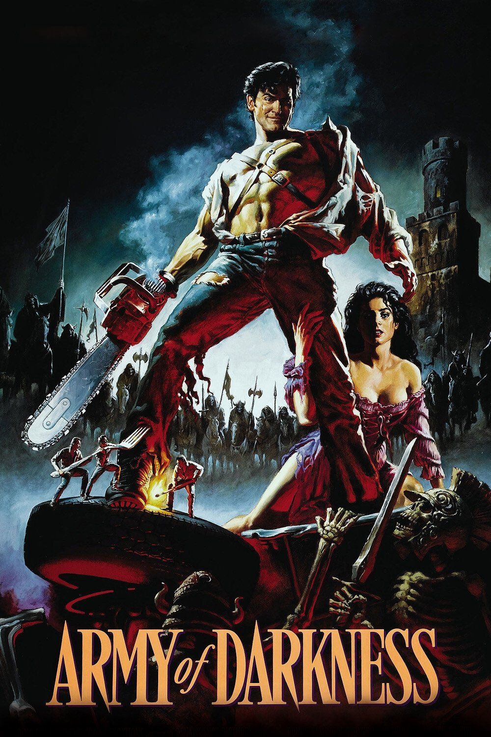 Poster resmi Army of Darkness (1992) - Ash Williams berdiri gagah dengan tangan gergaji mesin dan boomstick di atas mobil, dikelilingi pasukan Deadite abad pertengahan.