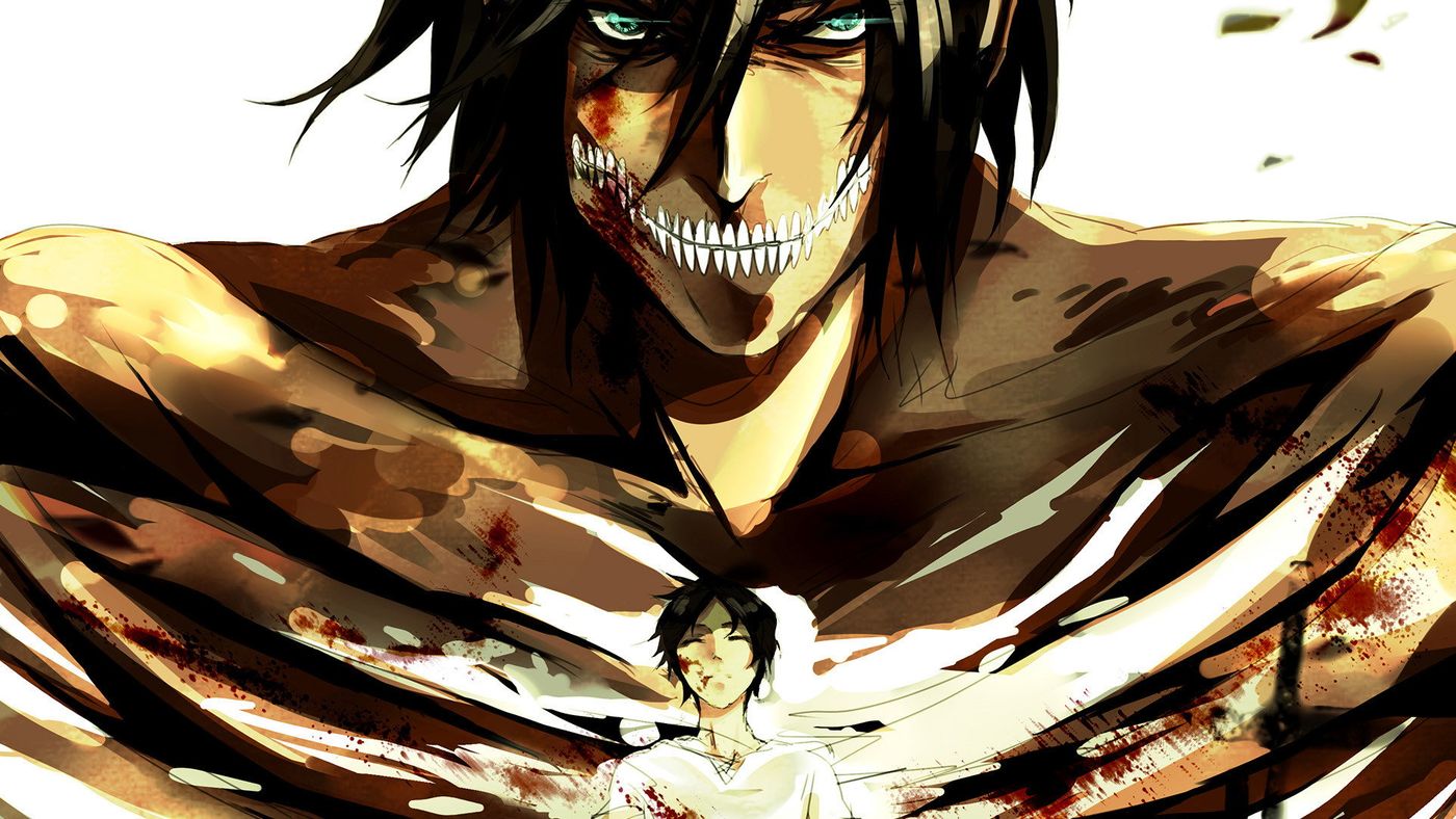 Wajah Attack Titan raksasa dengan sosok Eren kecil di bagian bawah dalam artwork Attack on Titan
