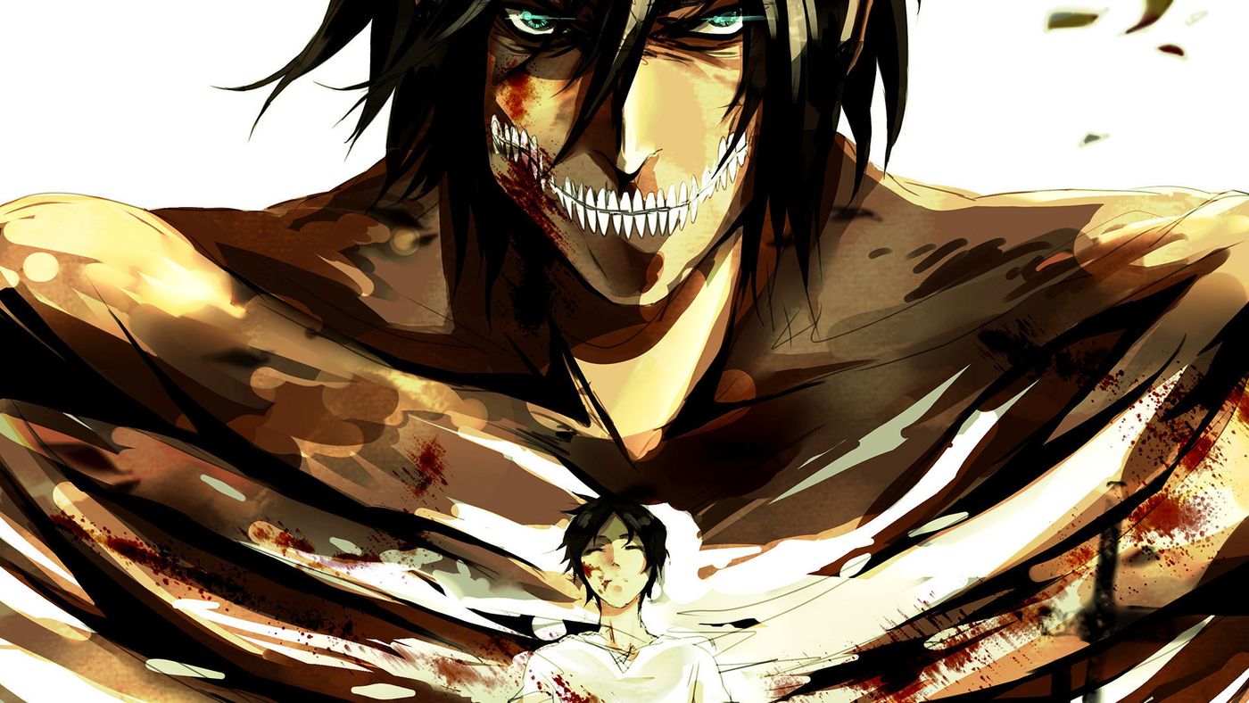 Wajah Attack Titan raksasa dengan sosok Eren kecil di bagian bawah dalam artwork Attack on Titan