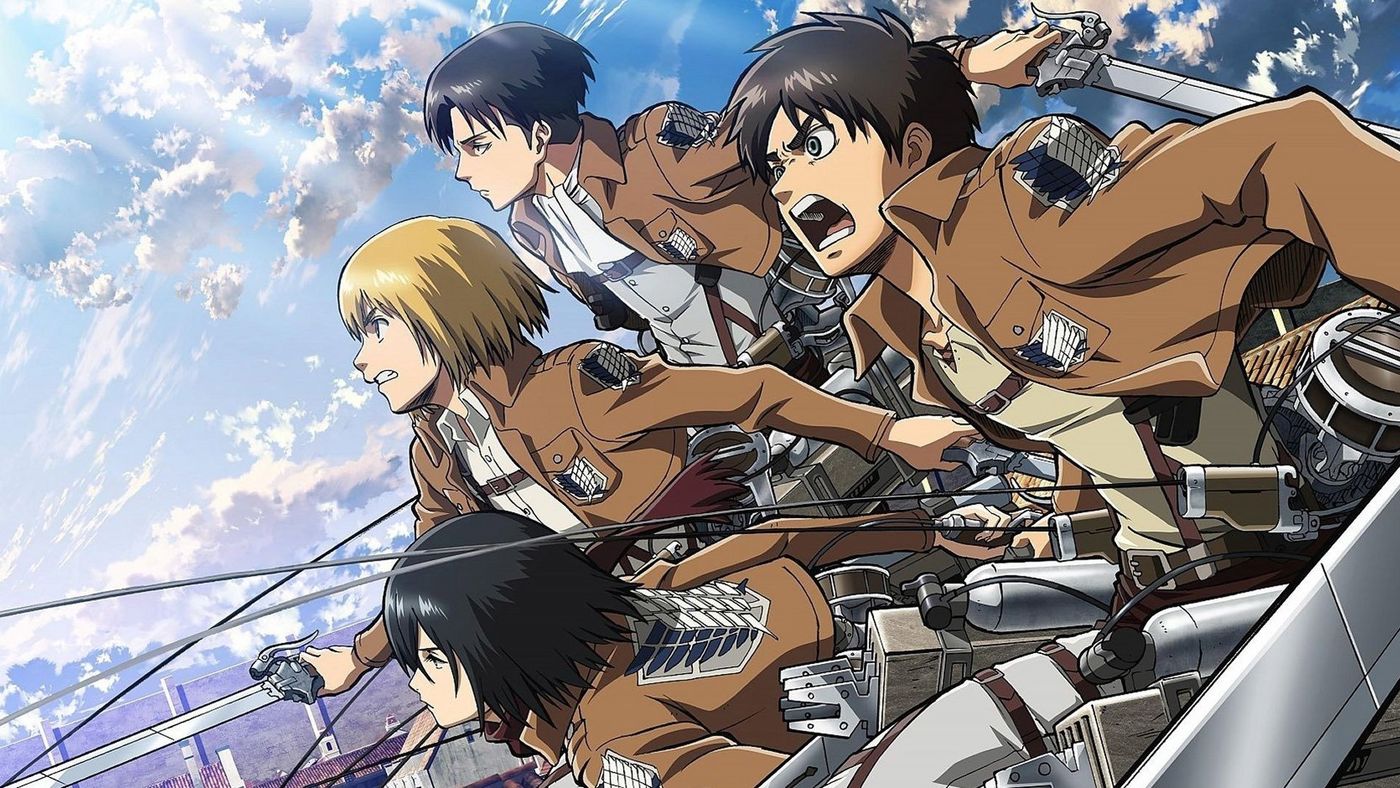 Eren, Mikasa, Armin, dan Levi menggunakan ODM Gear terbang bersama dalam Attack on Titan