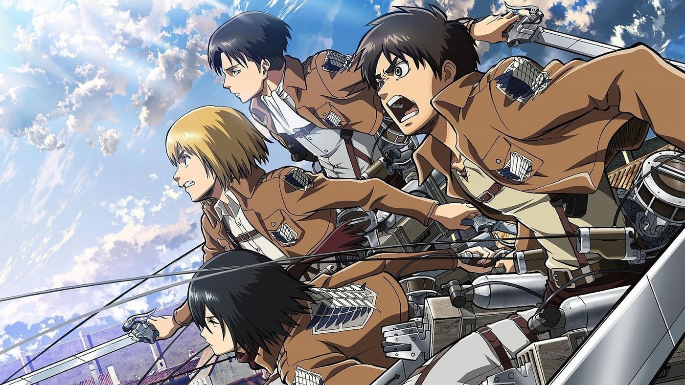 Eren, Mikasa, Armin, dan Levi menggunakan ODM Gear terbang bersama dalam Attack on Titan