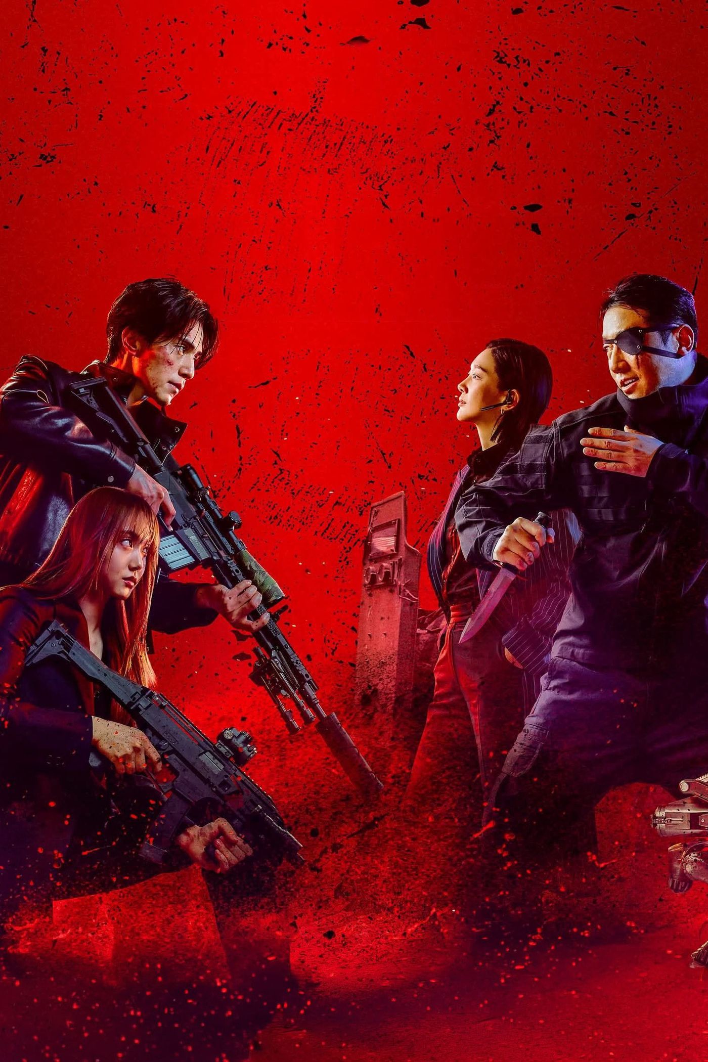Poster promosi A Shop for Killers dengan latar merah menampilkan konfrontasi antar karakter