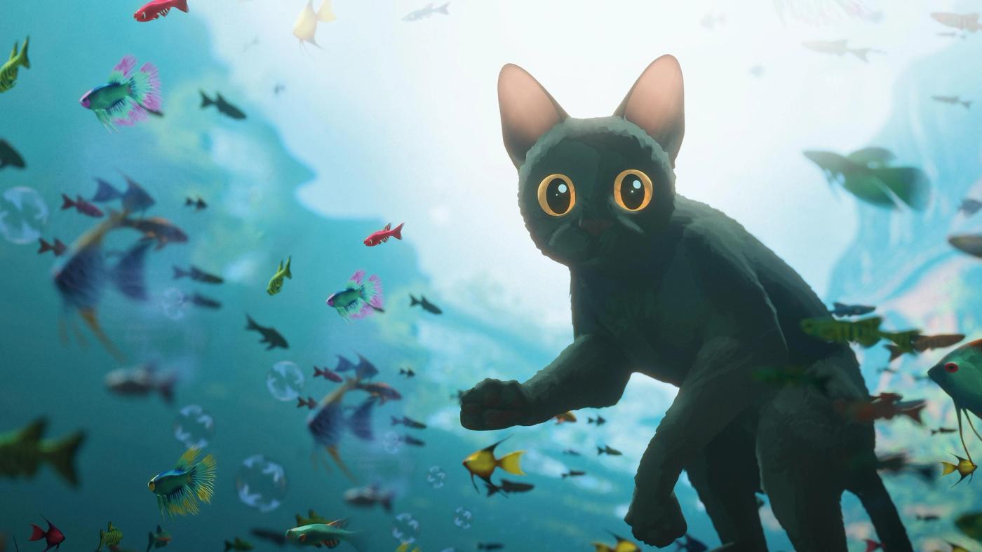 Cuplikan resmi Flow menampilkan kucing abu-abu, tokoh utama, di tengah dunia yang tergenang air