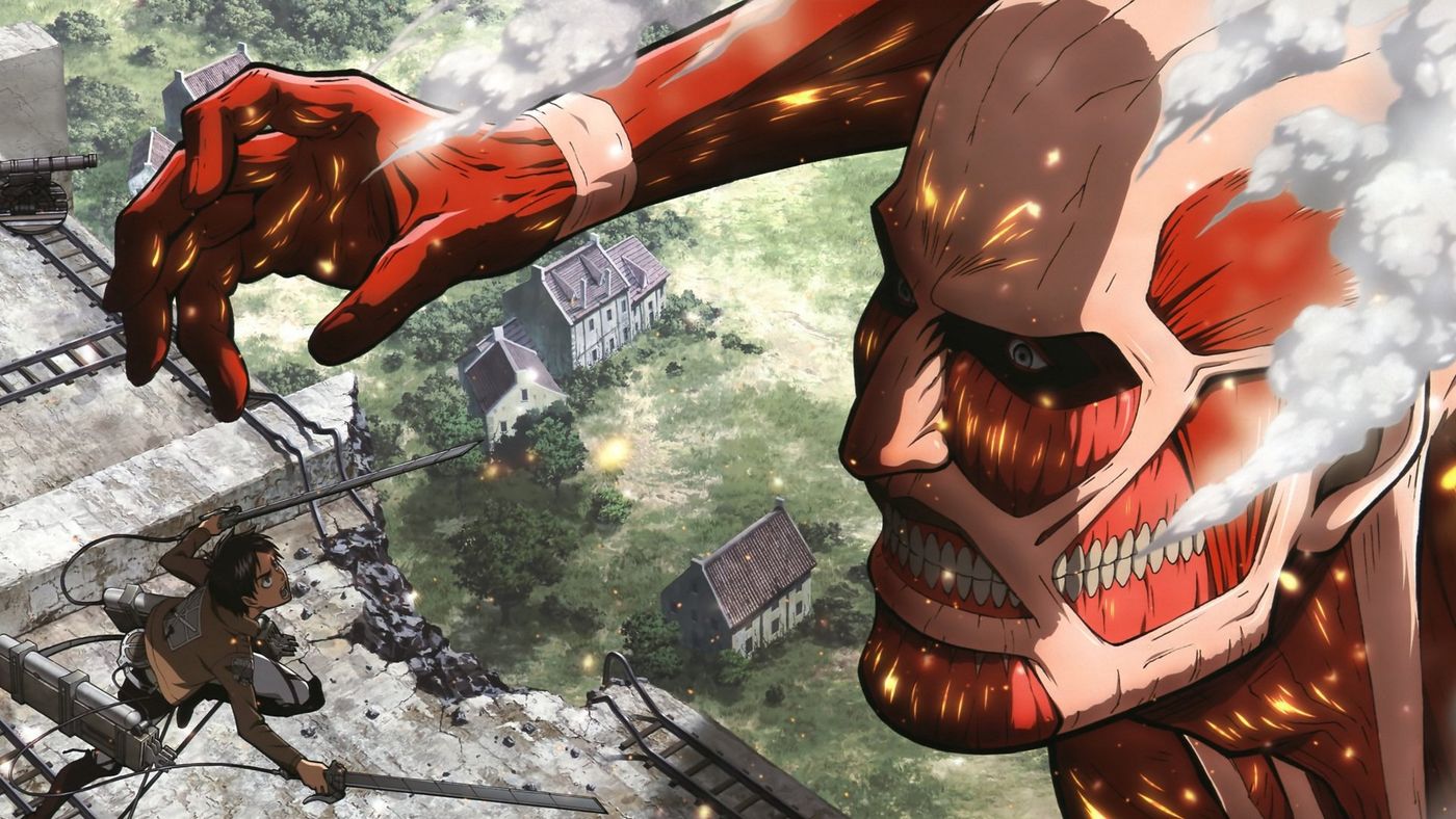 Colossal Titan menjangkau tembok kota dengan seorang prajurit menyerang menggunakan ODM Gear