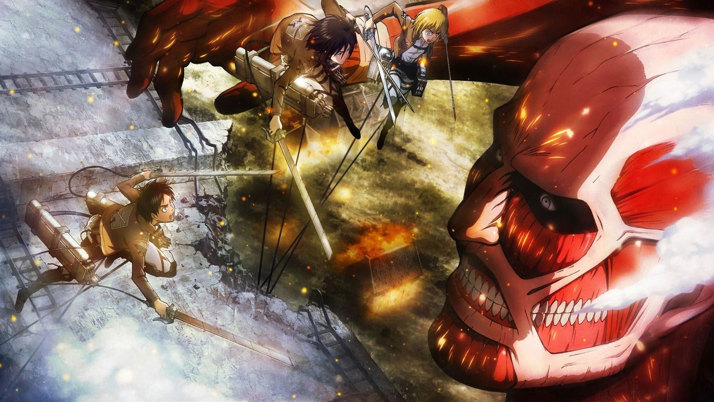 Eren, Mikasa, dan Armin menggunakan ODM Gear bertarung melawan Titan dalam Attack on Titan