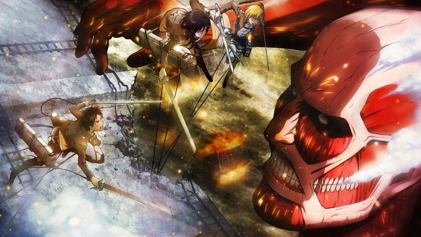 Eren, Mikasa, dan Armin menggunakan ODM Gear bertarung melawan Titan dalam Attack on Titan