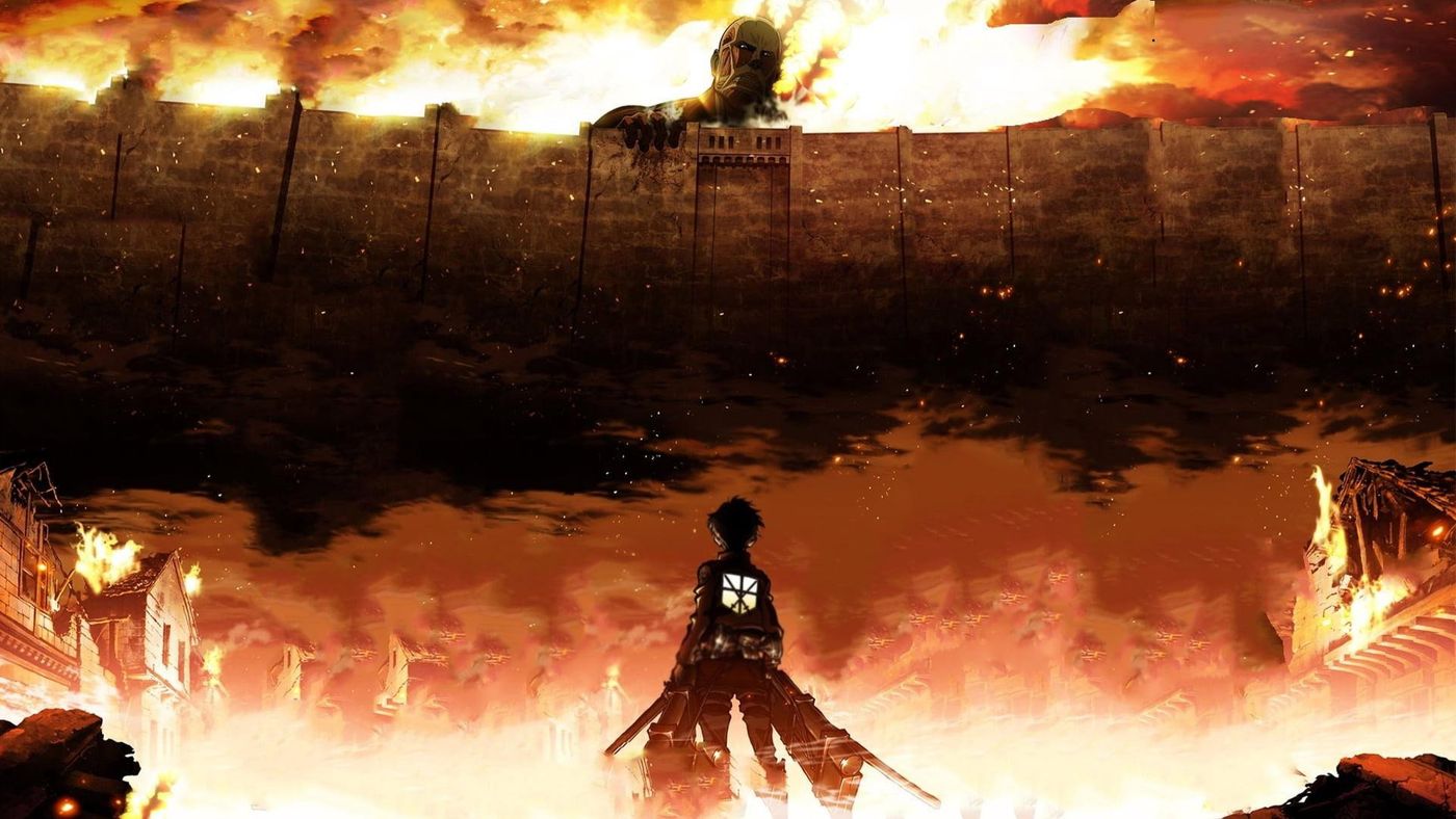 Ilustrasi tembok Shiganshina terbakar dengan Titan raksasa dan siluet karakter di adegan Attack on Titan