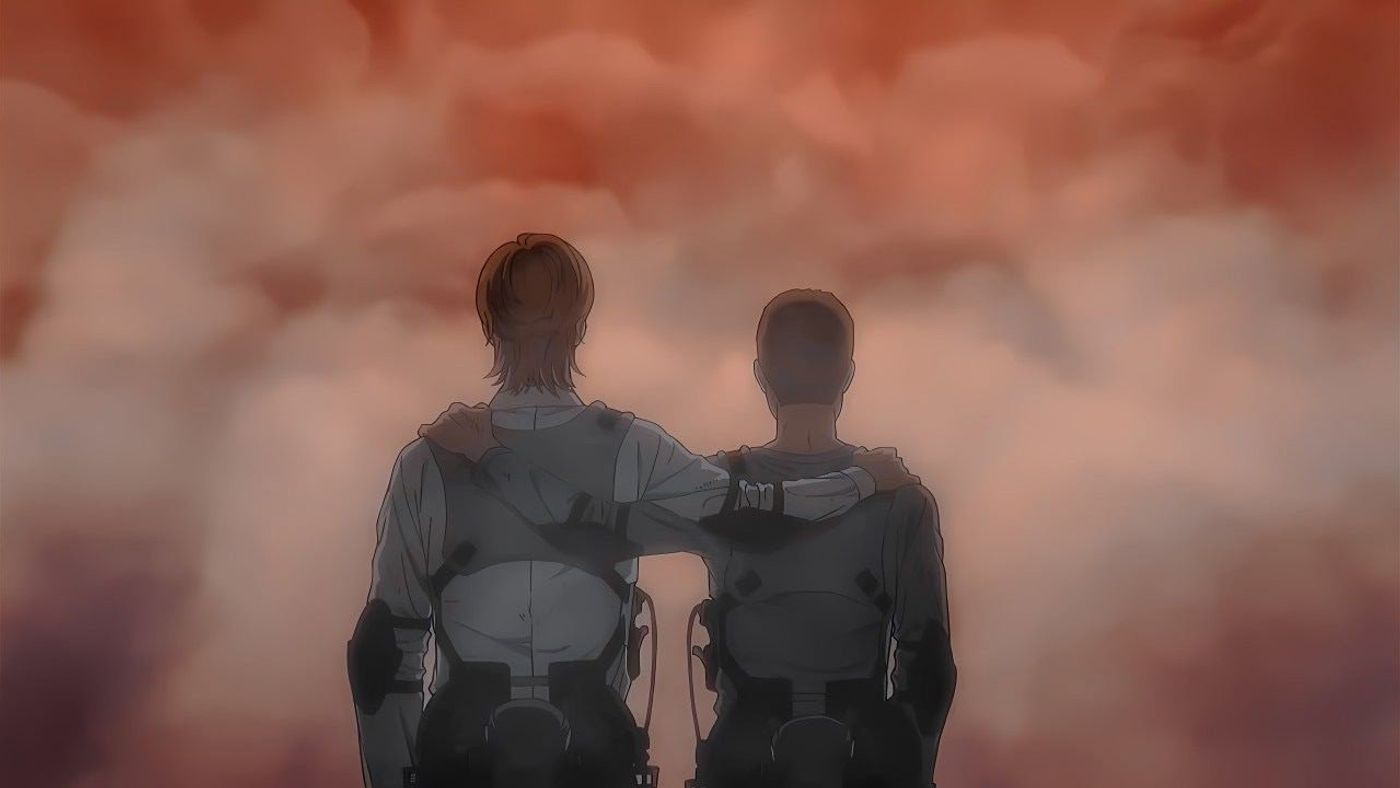 Dua siluet karakter merangkul bahu menghadap langit senja kemerahan dalam Attack on Titan
