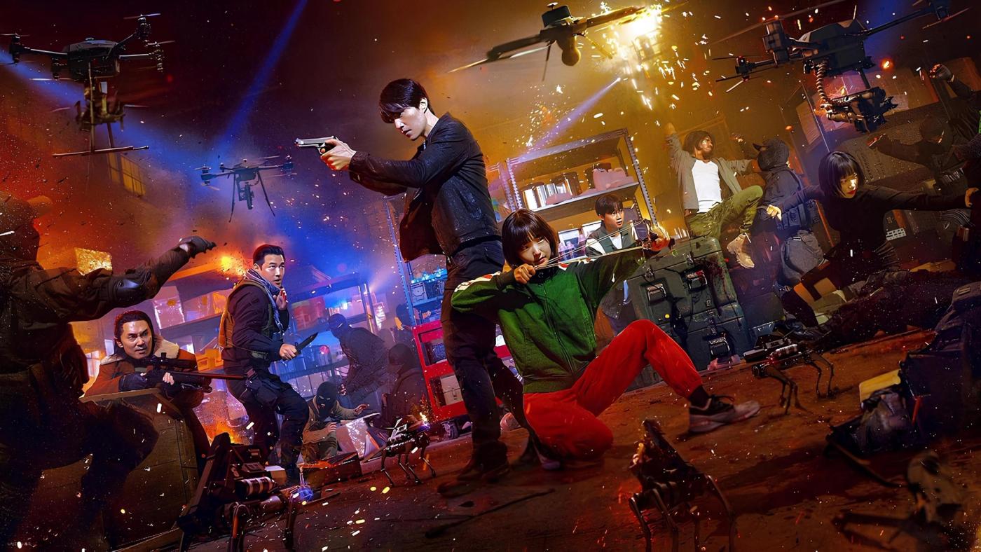 Baku tembak dan drone menyerang di dalam gudang Murthehelp dalam A Shop for Killers