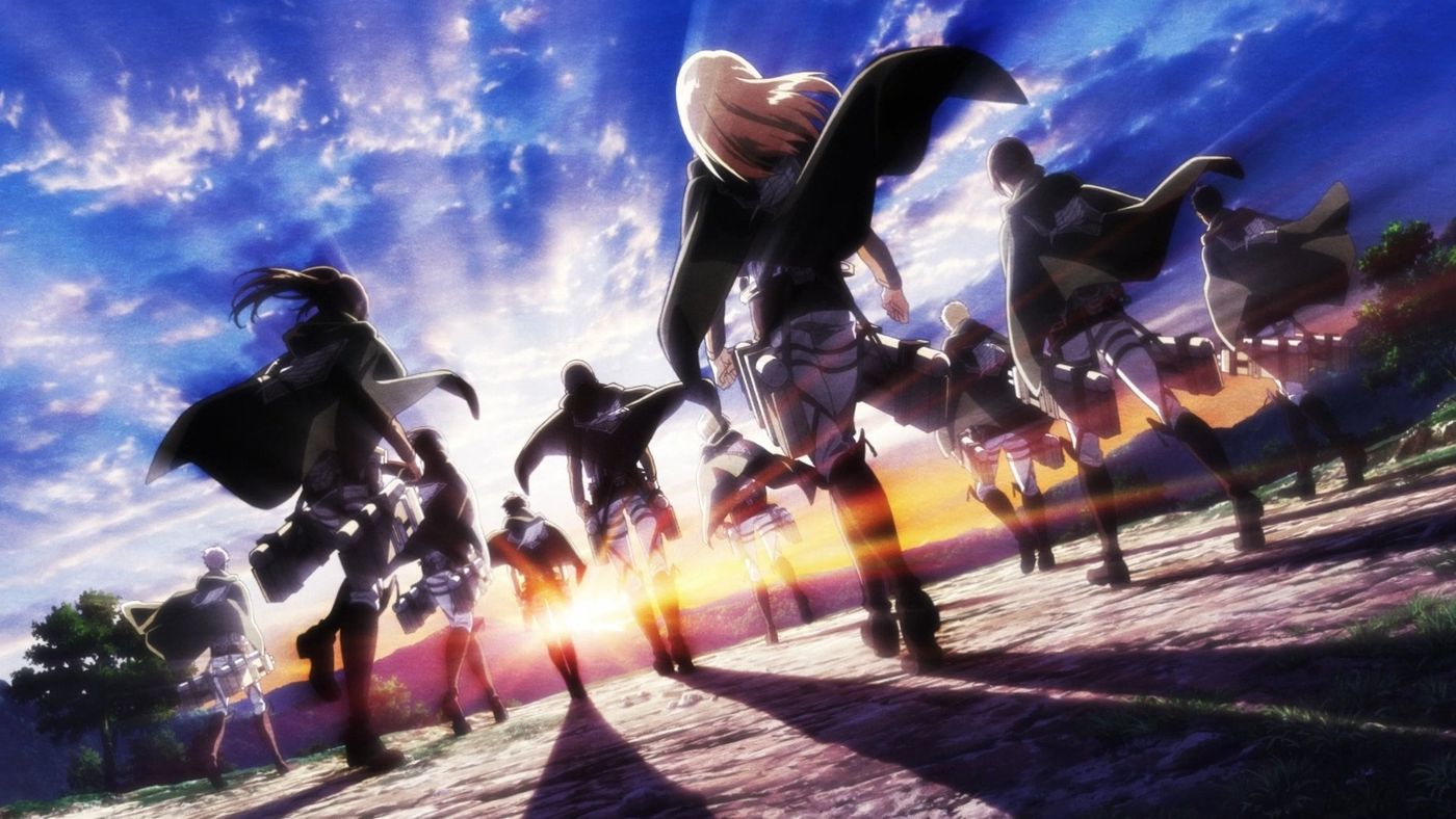 Siluet formasi Survey Corps berjalan menghadap matahari terbenam dalam Attack on Titan