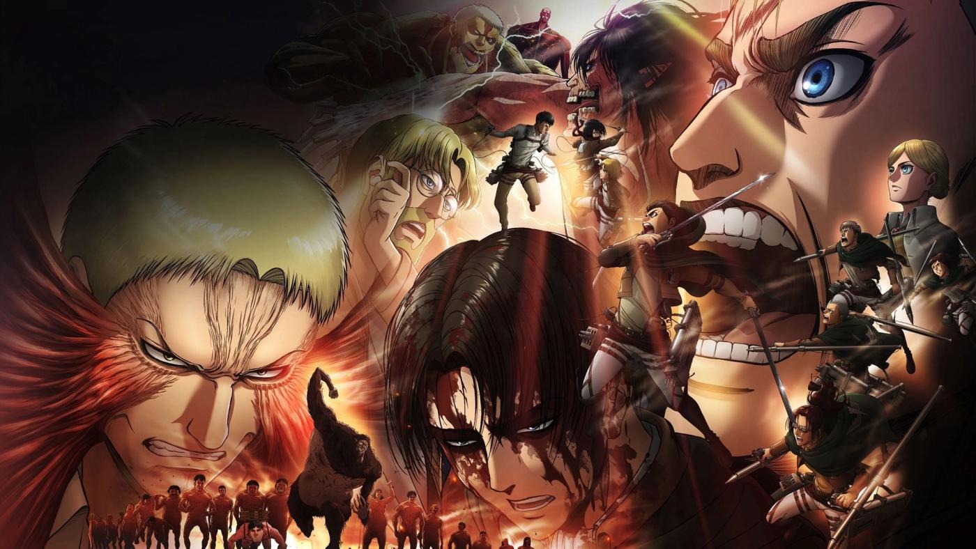 Kolase karakter Attack on Titan termasuk Reiner Braun dan Erwin Smith dalam latar perang Marley
